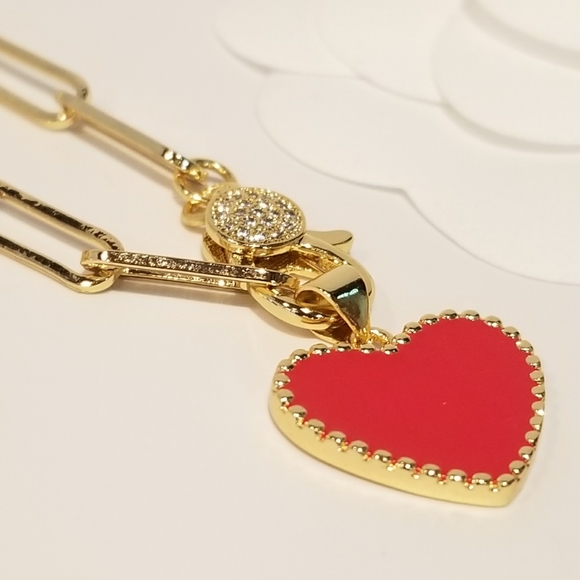 Jewelry - Red Enamel Heart Gold Paperclip Chain Necklace
